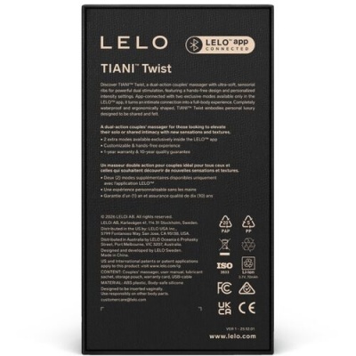 Embalagem preta do produto LELO TIANI Twist com texto descritivo em branco