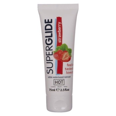 Frasco plástico branco de lubricante com sabor a morango da marca SUPERGLIDE