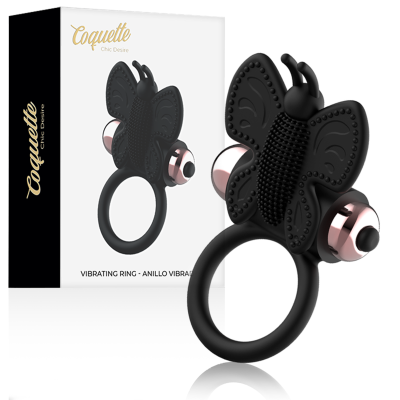 Anel vibratório preto com forma de borboleta e embalagem branca