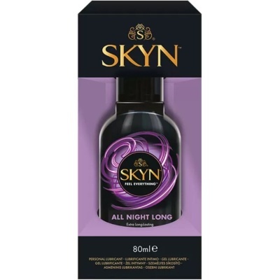 Frasco preto de lubrificante SKYN em caixa preta e roxa