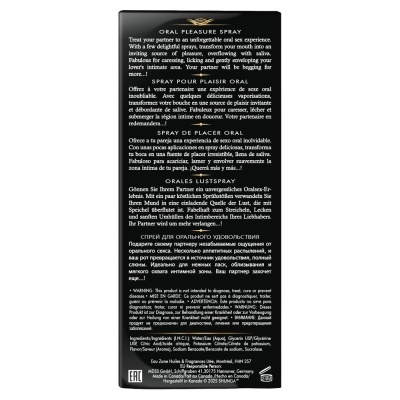 Embalaem traseira preta do Oral Pleasure Spray com texto em várias línguas e lista de ingredientes