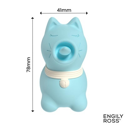 Boneco em forma de gato azul com coleira branca e medidas indicadas