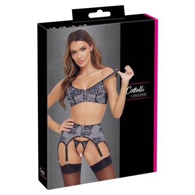 Embalagem de lingerie Cottelli com conjunto de renda preta e cinzenta