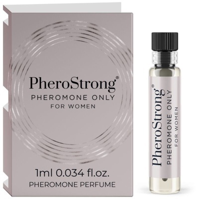 Perfume PheroStrong para mulheres com caixa cinza e vidro transparente.