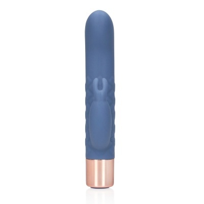 Vibrador azul com textura e detalhe em forma de coelho base dourado rosado