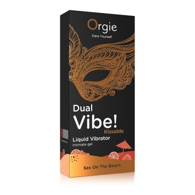 Embalagem preta de gel vibrador íntimo com máscara dourada e detalhes de fruta