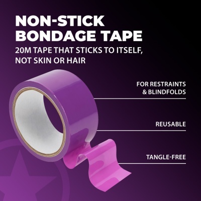 Fita adesiva roxa tipo bondage com texto descritivo branco em fundo roxo