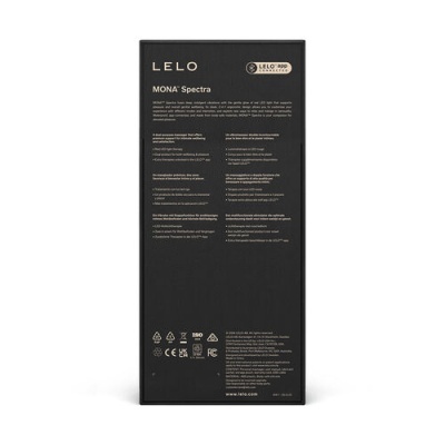 Caixa preta do produto LELO MONA Spectra com texto detalhado e selo da aplicação LELO APP