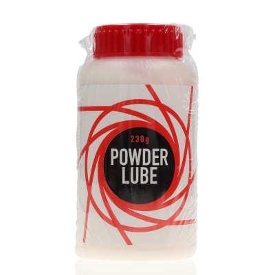 Frasco plástico branco com tampa vermelha e etiqueta POWDER LUBE