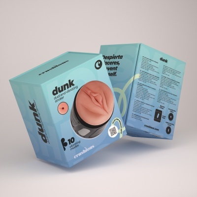 Embalagem azul clara de estimulador vibratório dual end dunk com texto em várias línguas