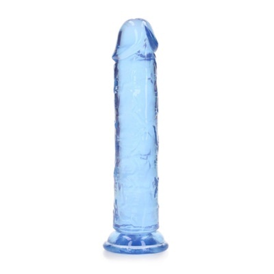 Dildo azul transparente com base larga em fundo branco
