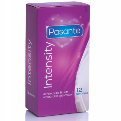 Embalagem roxa de preservativos Pasante Intensity com 12 unidades