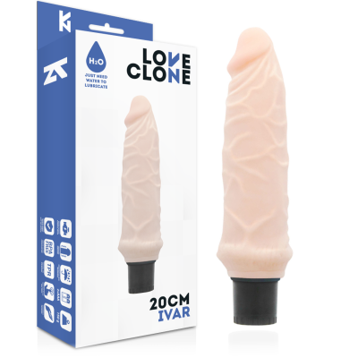 Dildo beije claro com base preta ao lado da embalagem azul e branca com texto e ícones