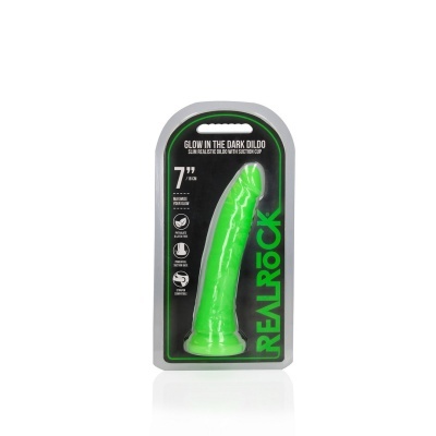Dildo verde fluorescente com ventosa em embalagem preta e verde
