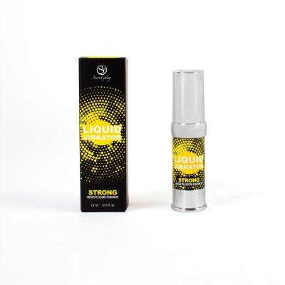 Produto LIQUID VIBRATOR STRONG com embalagem preta e amarela e frasco prateado