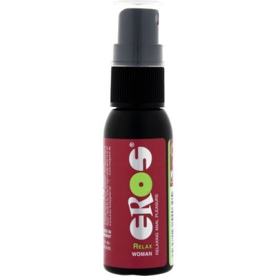 Frasco spray preto com rótulo vermelho Eros Relax Woman