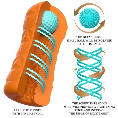 Produto laranja com túnel texturizado e bola azul destacável e textos instrutivos