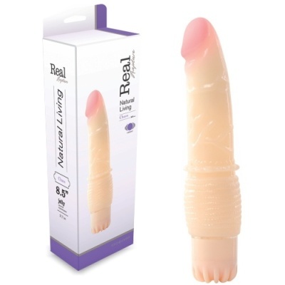 Vibrador silicone bege com ponta rosa e embalagem branca.