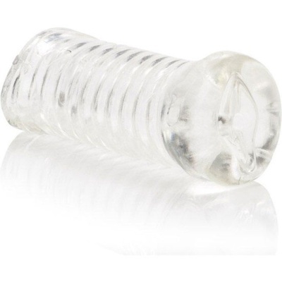 Cilindro transparente com textura em espiral, sobre superfície branca refletora