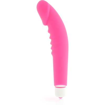 Vibrador rosa curvo em silicone com botão branco na base