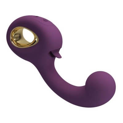 Vibrador roxo ergonómico com detalhes dourados e forma curvada