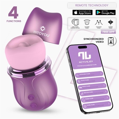Produto íntimo roxo INTOYOU com aplicação ACTIVEJOY num smartphone ao lado