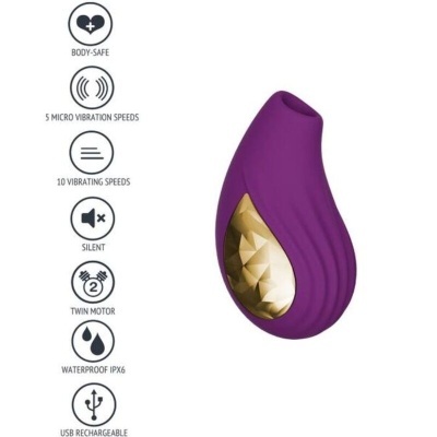 Dispositivo roxo com detalhe dourado e ícones de características ao lado