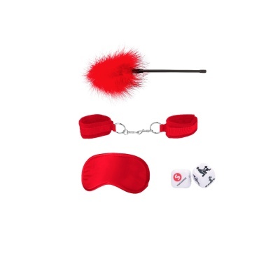 acessórios vermelhos para jogos de casal com flogger de penas, algemas, venda e dados