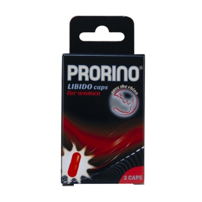 Embalagem preta e vermelha de cápsulas PRORINO LIBIDO para mulheres com mensagem save the rhino