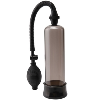 Bomba de aspiração manual com cilindro transparente fumado e bomba preta com tubo flexível