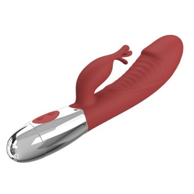 Vibrador vermelho em silicone com botão e parte metálica prateada
