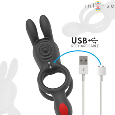 anel vibratório preto com orelhas e cabo USB para recarga