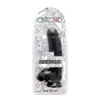 Dildo preto brilhante de 25 cm na embalagem com rótulo TOYZ 4 LOVERS e Made in Italy.