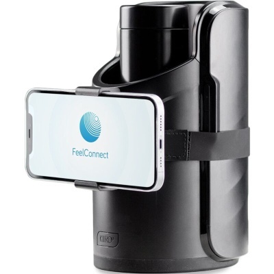 Dispositivo preto Kiiroo com suporte para smartphone exibindo logo FeelConnect