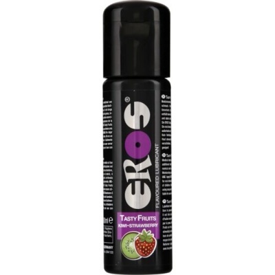 Frasco preto de lubrificante EROS com sabor kiwi-morango