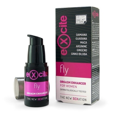 Frasco e caixa do produto eXcite fly orgasm enhancer com design em preto e rosa.