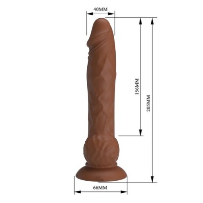 Objeto castanho fálico com dimensões destacadas em fundo branco