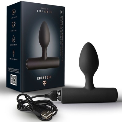 Plugue recarregável preto com cabo USB e caixa da marca ROCKSOFF.