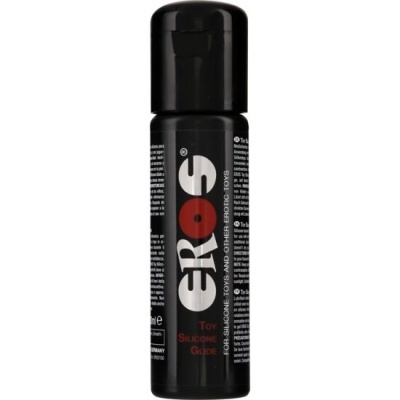 Frasco preto de lubrificante de silicone EROS com texto em branco e vermelho