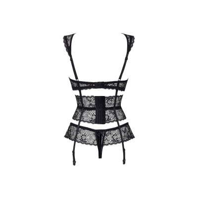 Conjunto lingerie preto em renda com soutien, cinta-liga e tanga.