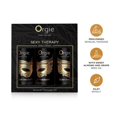 Conjunto de três frascos de óleo de massagem sensual Orgie em caixa preta com design dourado