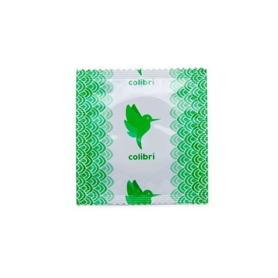 Embalagem branca com beija-flor verde e texto colibrí
