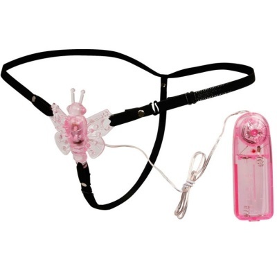 Cueca preta com vibrador em forma de borboleta cor-de-rosa e comando remoto cor-de-rosa.