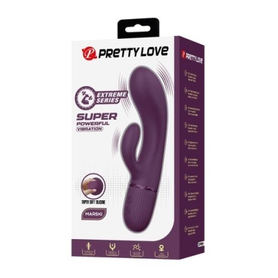 Caixa de vibrador violeta Pretty Love com texto de características e imagens do produto