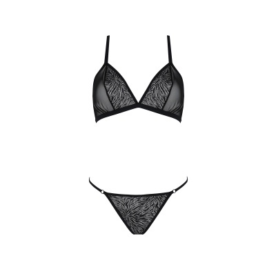 Conjunto de lingerie preto em renda com padrão floral, sutiã e calcinha