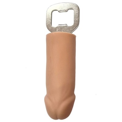 Abridor de garrafas em forma fálica com pega em silicone cor pele