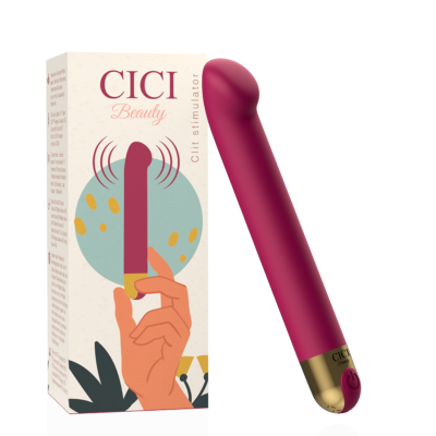 Estimulador clitoriano vinho com base dourada e embalagem ilustrada