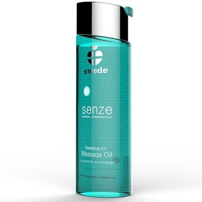 Frasco azul de óleo para massagem com tampa prateada e texto branco