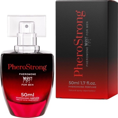 Frasco e caixa de perfume PheroStrong vermelho e preto para homens