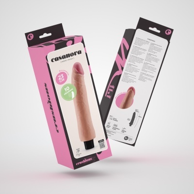 vibrador realista casanova em caixa rosa e preta com descrição e instruções
